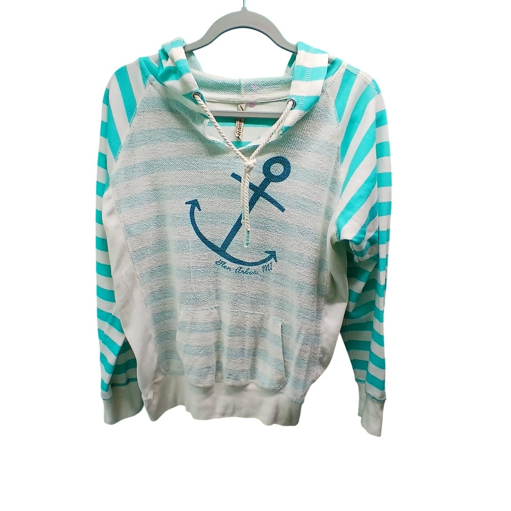 Momentum Anchor‎ Hoodie Large Teal White Striped Nautical Coastal Glen Arbor MI